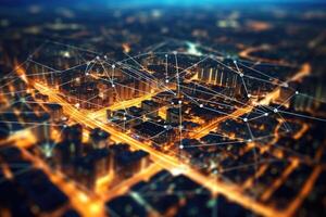 Close-up photo of night cityscape symbolizing fast network and connection technology.