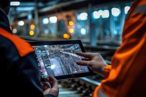 A close - up shot of an engineer using a tablet to check and analyze the data systems of a track on the railway network. photo