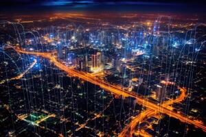 Close-up photo of night cityscape symbolizing fast network and connection technology.