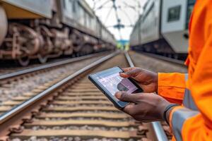 A close - up shot of an engineer using a tablet to check and analyze the data systems of a track on the railway network. photo