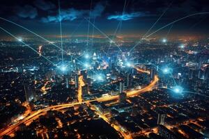 Close-up photo of night cityscape symbolizing fast network and connection technology.