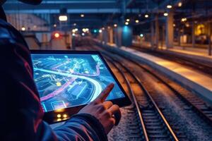 A close - up shot of an engineer using a tablet to check and analyze the data systems of a track on the railway network. photo