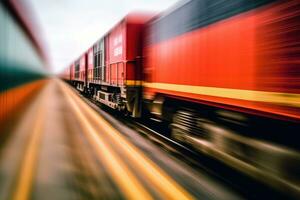 Close - up view of a cargo train with motion blur, symbolizing the fast and efficient transportation of goods. Generative AI photo
