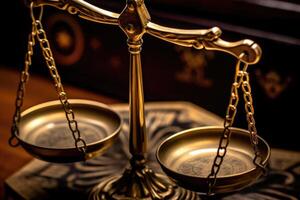 Close - up shot focuses on the scales of justice, symbolizing the impartiality and equilibrium in the legal system. photo