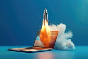 A rocket emerging from a laptop screen in front of a vibrant blue background. Generative AI photo