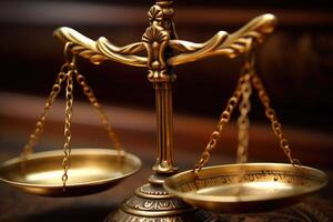 Close - up shot focuses on the scales of justice, symbolizing the impartiality and equilibrium in the legal system. photo