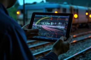 A close - up shot of an engineer using a tablet to check and analyze the data systems of a track on the railway network. Generative AI photo