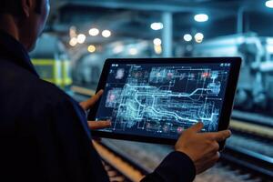 A close - up shot of an engineer using a tablet to check and analyze the data systems of a track on the railway network. photo