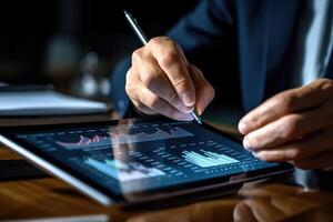 A close - up photo that visually represents a businessman using a tablet to analyze sales data and economic growth graph chart.