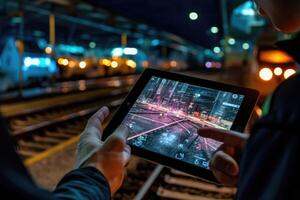 A close - up shot of an engineer using a tablet to check and analyze the data systems of a track on the railway network. photo