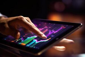 A close - up photo that visually represents a businessman using a tablet to analyze sales data and economic growth graph chart.