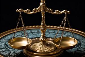 Close - up shot focuses on the scales of justice, symbolizing the impartiality and equilibrium in the legal system. photo