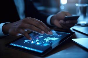 A close - up photo that visually represents a businessman using a tablet to analyze sales data and economic growth graph chart.