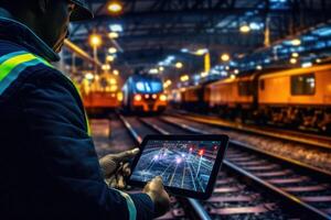 A close - up shot of an engineer using a tablet to check and analyze the data systems of a track on the railway network. photo