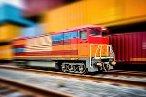 Close - up view of a cargo train with motion blur, symbolizing the fast and efficient transportation of goods. Generative AI photo