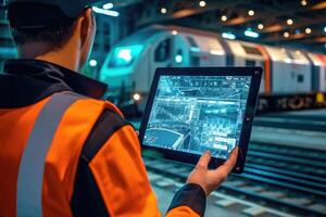 A close - up shot of an engineer using a tablet to check and analyze the data systems of a track on the railway network. photo