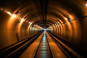 The urban underground infrastructure by taking a close - up view of a round subway tunnel with tubing. Generative AI photo