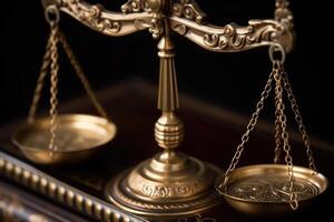 Close - up shot focuses on the scales of justice, symbolizing the impartiality and equilibrium in the legal system. photo