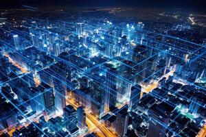 Close-up photo of night cityscape symbolizing fast network and connection technology.