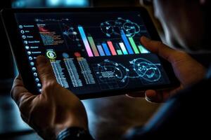 A close - up photo that visually represents a businessman using a tablet to analyze sales data and economic growth graph chart.