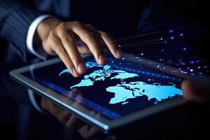 A close - up photo that visually represents a businessman using a tablet to analyze sales data and economic growth graph chart.