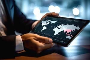 A close - up photo that visually represents a businessman using a tablet to analyze sales data and economic growth graph chart.