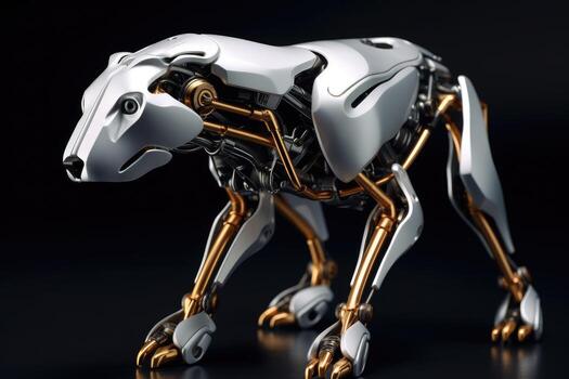 Close - up shot. A futuristic robot dog, combining advanced technology with a sleek design. photo