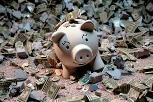 A close - up photo symbolizing the global financial crisis. The image focuses on a shattered bank piggy bank lying on a pile of crumbling banknotes and broken coins. Generative AI