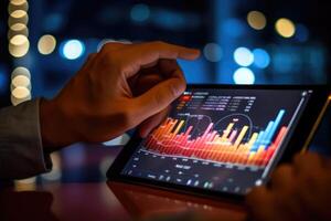 A close - up photo that visually represents a businessman using a tablet to analyze sales data and economic growth graph chart.