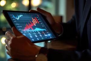 A close - up photo that visually represents a businessman using a tablet to analyze sales data and economic growth graph chart.