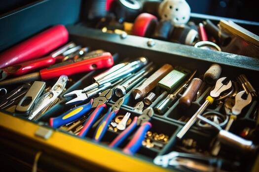 Close - up view of a toolbox at a mechanic's shop, focusing on the tools inside. photo