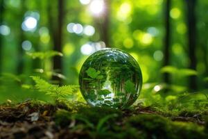 Close - up photo of a glass globe nestled in a lush green forest.
