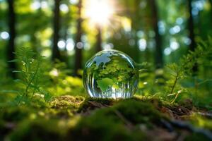 Close - up photo of a glass globe nestled in a lush green forest.
