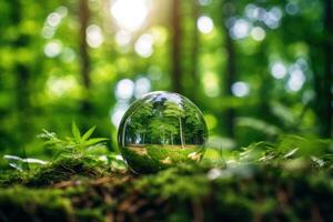 Close - up photo of a glass globe nestled in a lush green forest. Generative AI