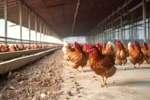 The spacious and well - organized environment of a modern chicken farm with a close - up shot of a chicken house. Generative AI photo