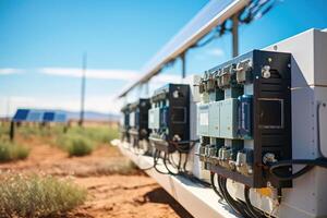 Rows of wind turbines and solar energy storage facility in the background. Generative AI photo