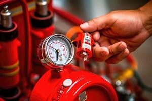 Fire safety with a close - up shot of an engineer performing a detailed inspection of a fire extinguisher tank. Generative AI photo