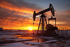 A close - up photograph of an oil field set against the backdrop of a breathtaking sunset. photo