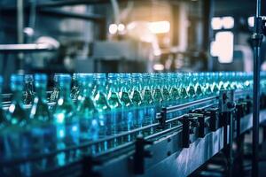 Beverage factory with a close - up shot of a conveyor belt flowing with bottles for water. Generative AI photo