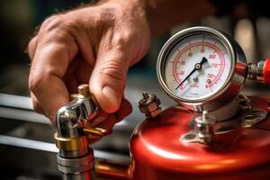 Fire safety with a close - up shot of an engineer performing a detailed inspection of a fire extinguisher tank. Generative AI photo