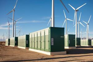 Rows of wind turbines and solar energy storage facility in the background. Generative AI photo