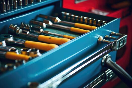 Close - up view of a toolbox at a mechanic's shop, focusing on the tools inside. photo