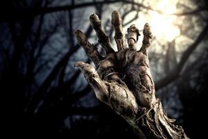 A close - up photography showcasing a zombie hand rising from a graveyard on a spooky Halloween night. photo