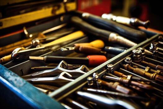 Close - up view of a toolbox at a mechanic's shop, focusing on the tools inside. photo