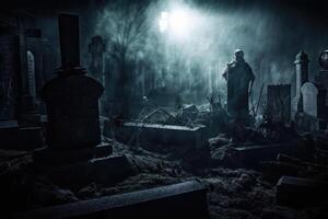 A close - up photograph depicting a spooky Halloween scene in a dark, moonlit graveyard. photo