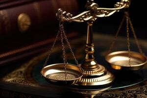 Close - up shot focuses on the scales of justice, symbolizing the impartiality and equilibrium in the legal system. photo