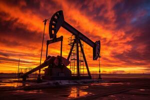 un cerca - arriba fotografía de un petróleo campo conjunto en contra el fondo de un asombroso puesta de sol. generativo ai foto