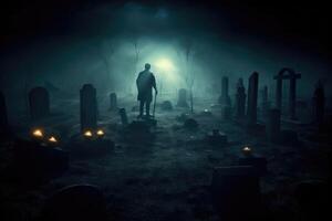 A close - up photograph depicting a spooky Halloween scene in a dark, moonlit graveyard. photo