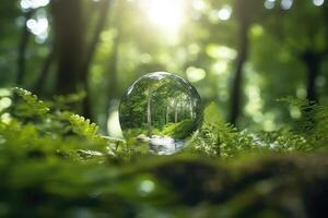 Close - up photo of a glass globe nestled in a lush green forest.