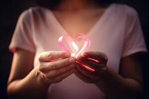 un cerca - arriba fotografía enfoque en un mujer manos formando un corazón forma con un rosado cinta en contra un suave rosado antecedentes. pecho cáncer. generativo ai foto